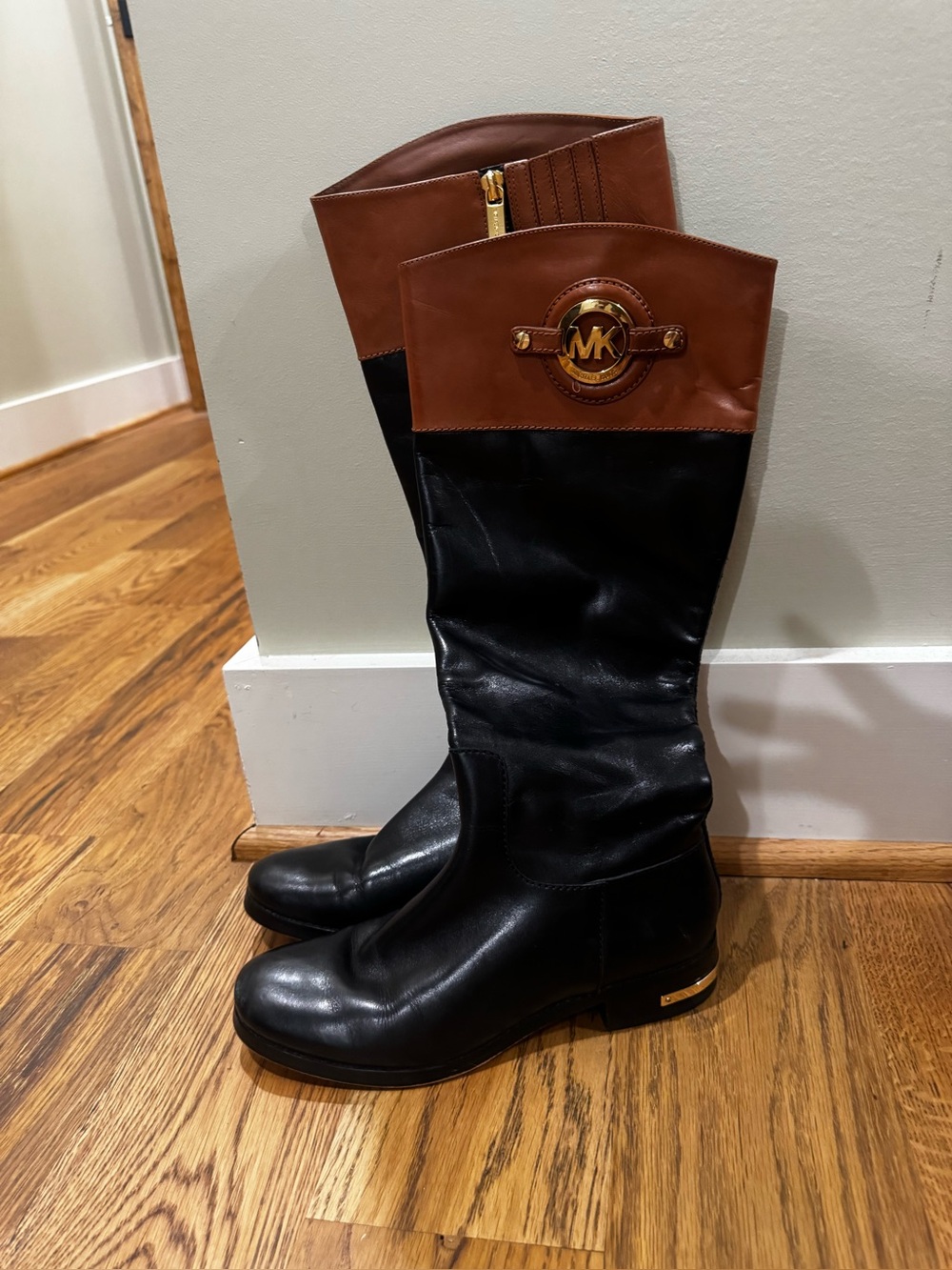 Michael Kors Black and Brown Tall Leather Riding Boots